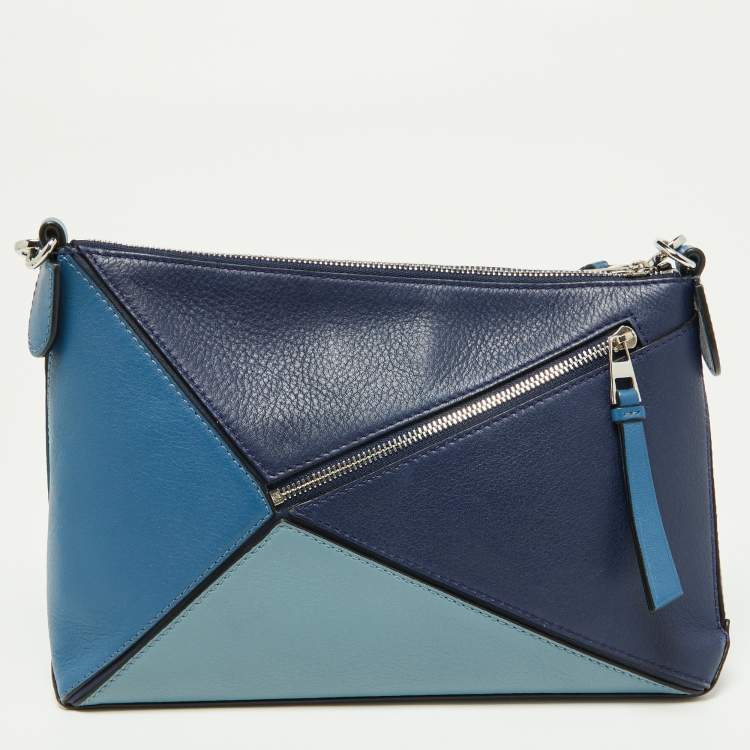 Pre Owned Loewe Multi Tone Blue Leather Mini Puzzle Pochette Bag