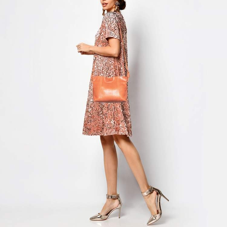Pre Owned Loewe Orange Snakeskin Flamenco Clutch Bag