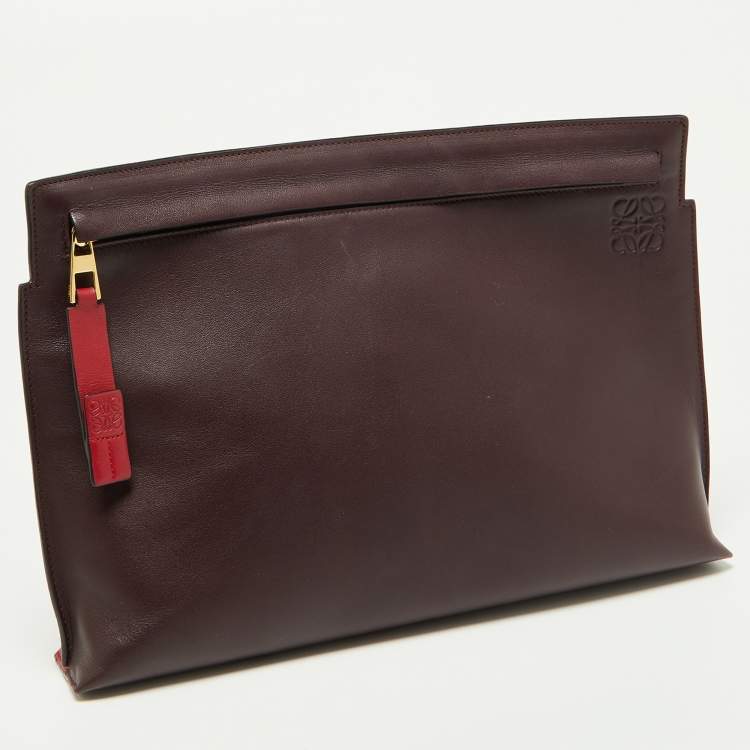 Pre Owned Loewe Burgundy/Red Leather Anagram T Pouch
