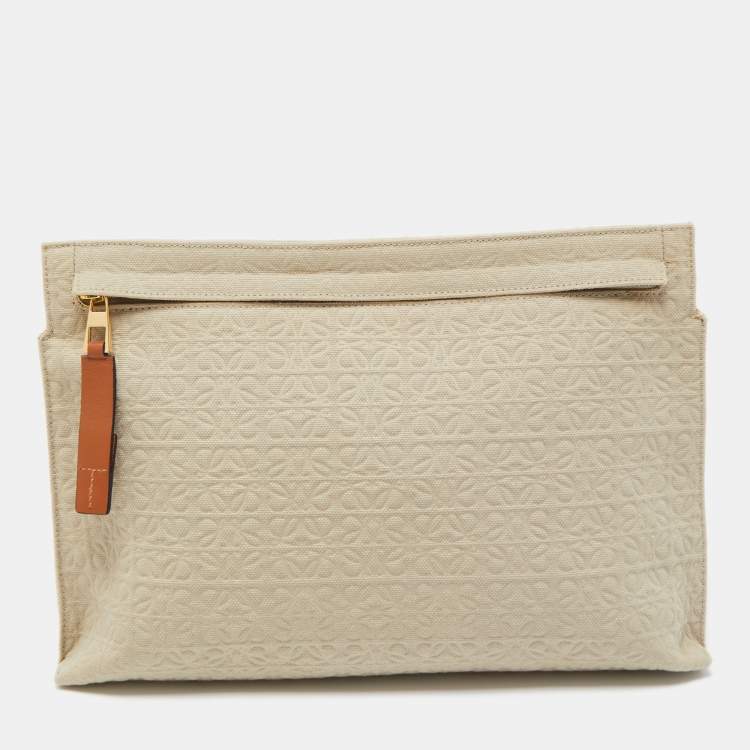 Pre Owned Loewe Khaki/Tan Canvas and Leather Anagram T Pouch