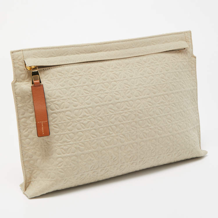 Pre Owned Loewe Khaki/Tan Canvas and Leather Anagram T Pouch