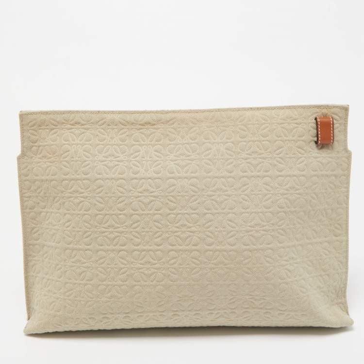 Pre Owned Loewe Khaki/Tan Canvas and Leather Anagram T Pouch