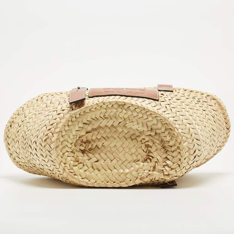 Pre Owned Loewe Brown/Natural Raffia and Leather Small Basket Tote