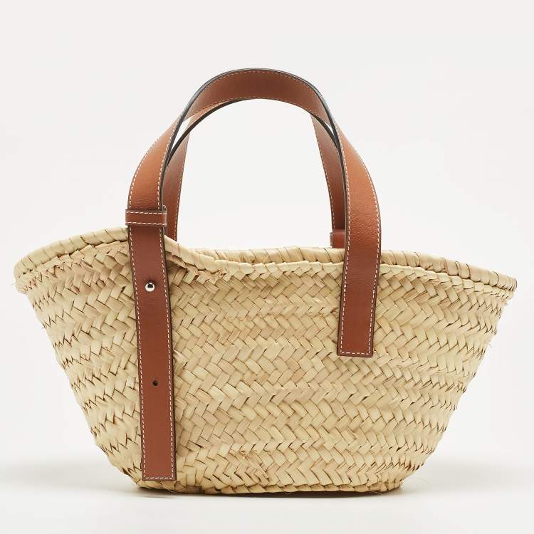 Pre Owned Loewe Brown/Natural Raffia and Leather Small Basket Tote
