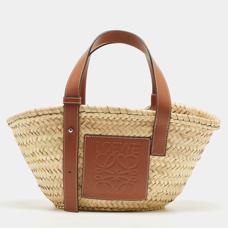 Pre Owned Loewe Brown/Natural Raffia and Leather Small Basket Tote