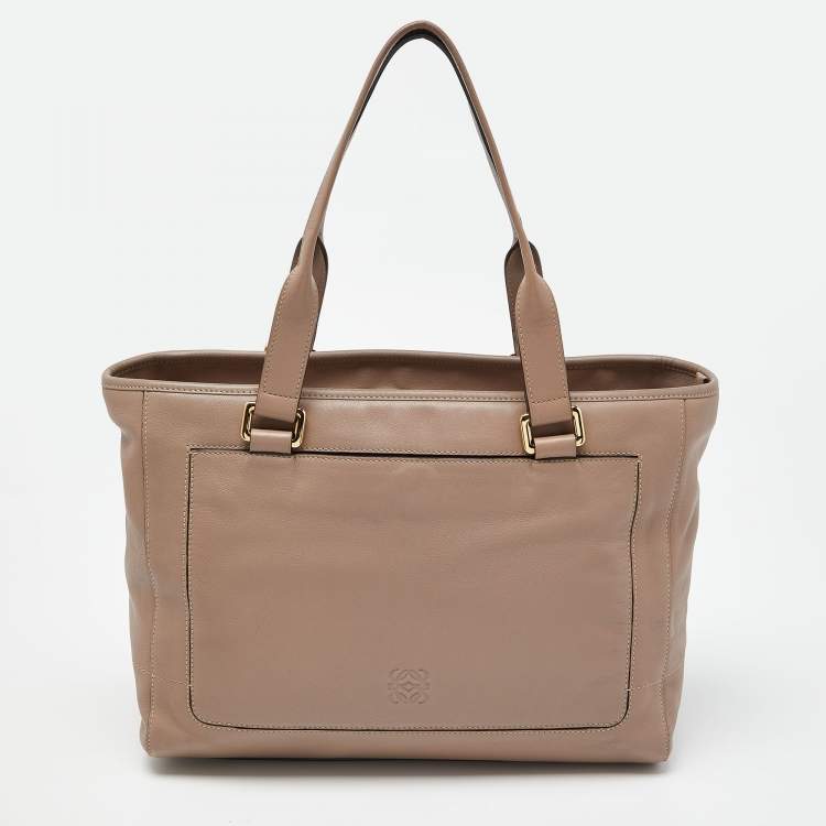 Pre Owned Loewe Dark Beige Leather Top Zip Tote