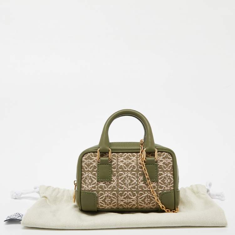 Pre Owned Loewe Green/Beige Jacquard Canvas and Leather Nano Amazona Chain Crossbody Bag