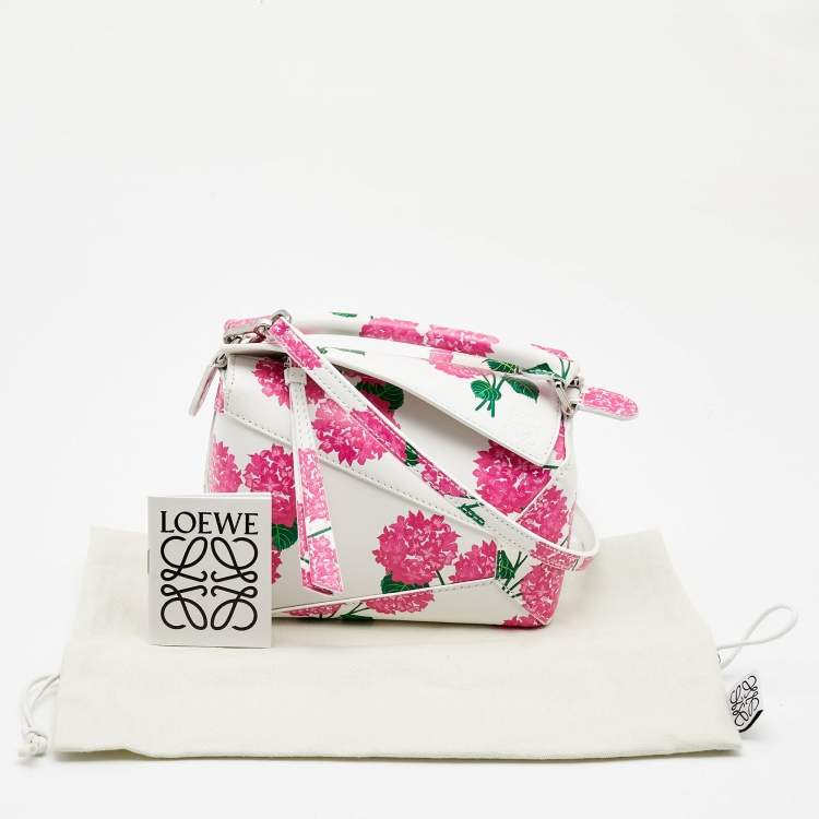 Pre Owned Loewe Pink/White Rose Print Leather Mini Puzzle Shoulder Bag