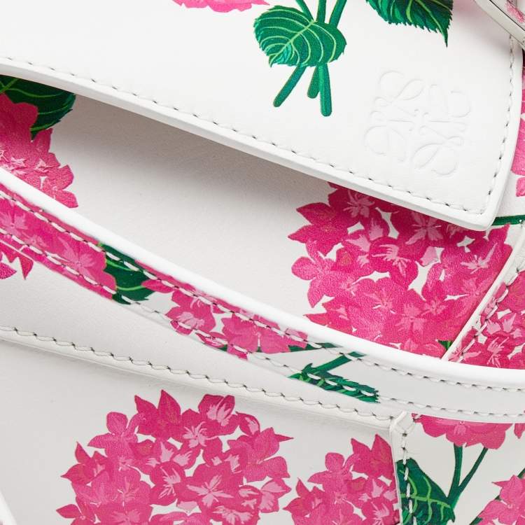 Pre Owned Loewe Pink/White Rose Print Leather Mini Puzzle Shoulder Bag