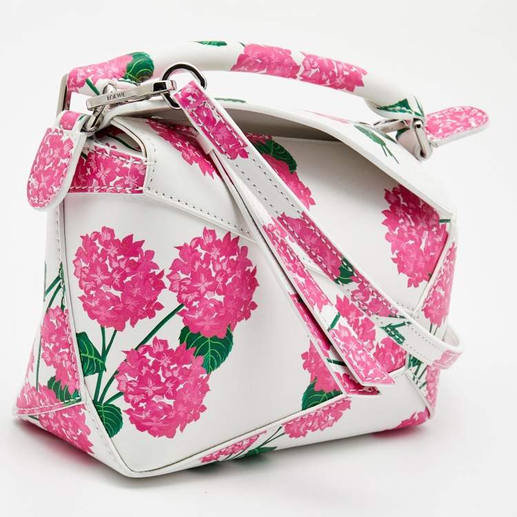 Pre Owned Loewe Pink/White Rose Print Leather Mini Puzzle Shoulder Bag