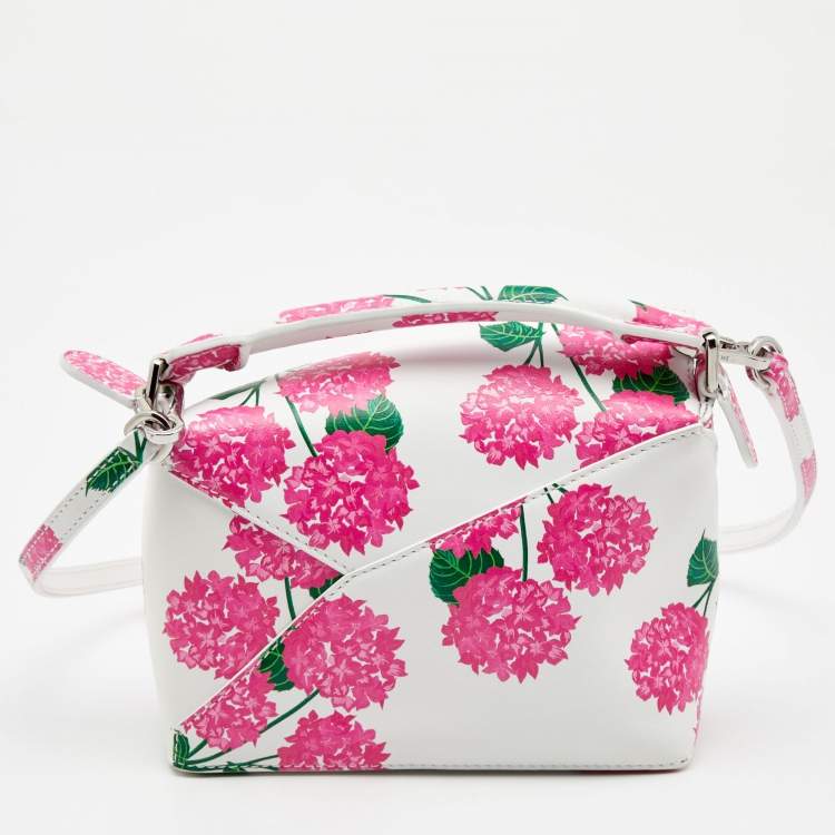 Pre Owned Loewe Pink/White Rose Print Leather Mini Puzzle Shoulder Bag