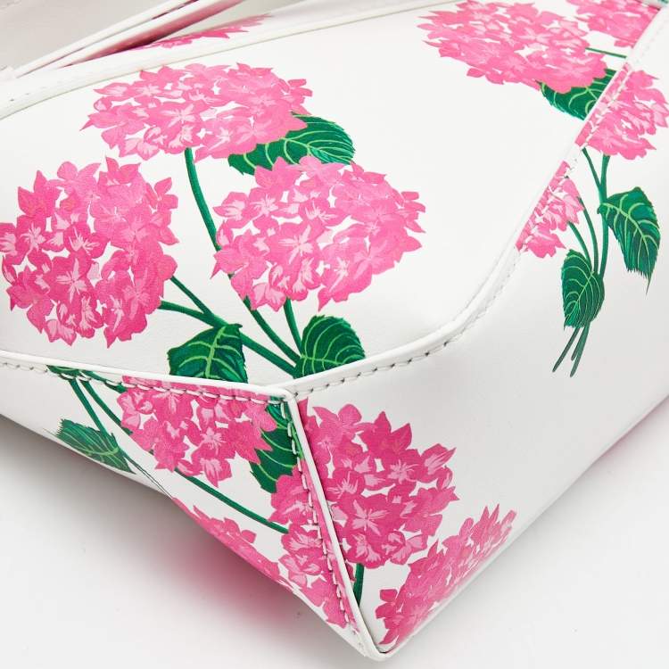 Pre Owned Loewe Pink/White Rose Print Leather Mini Puzzle Shoulder Bag