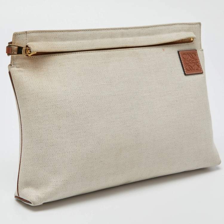 Pre Owned Loewe Off White Herringbone Fabric T Pouch