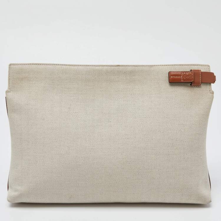Pre Owned Loewe Off White Herringbone Fabric T Pouch