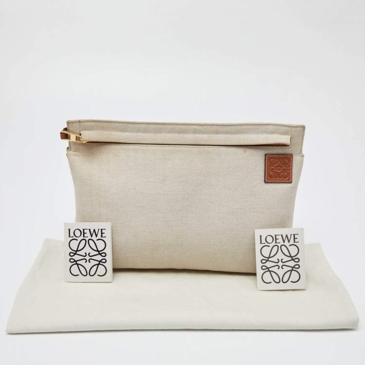 Pre Owned Loewe Off White Herringbone Fabric T Pouch