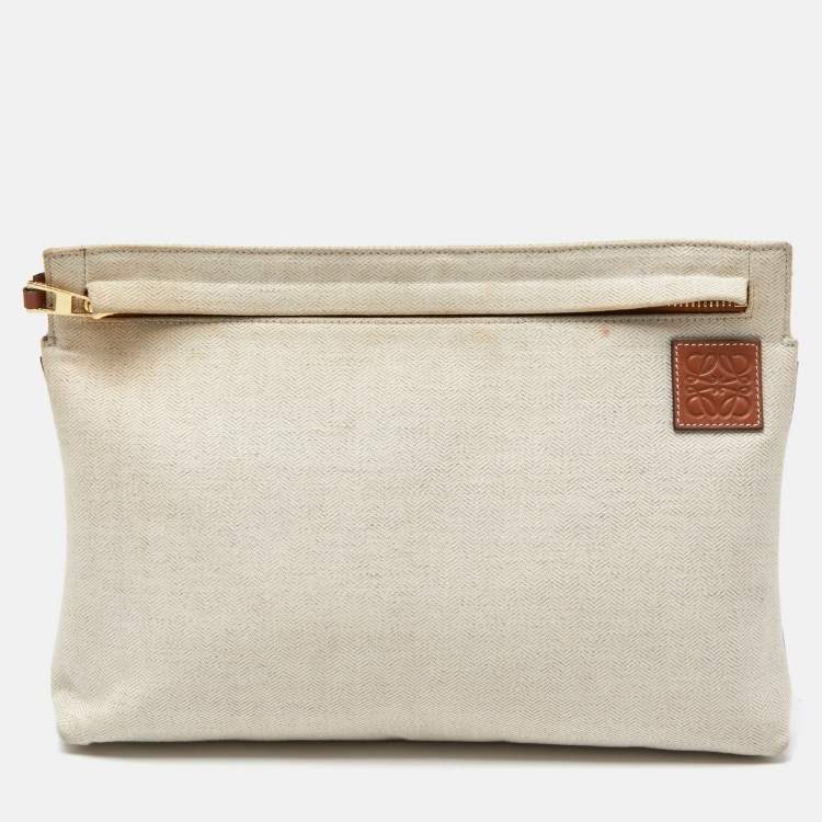 Pre Owned Loewe Off White Herringbone Fabric T Pouch