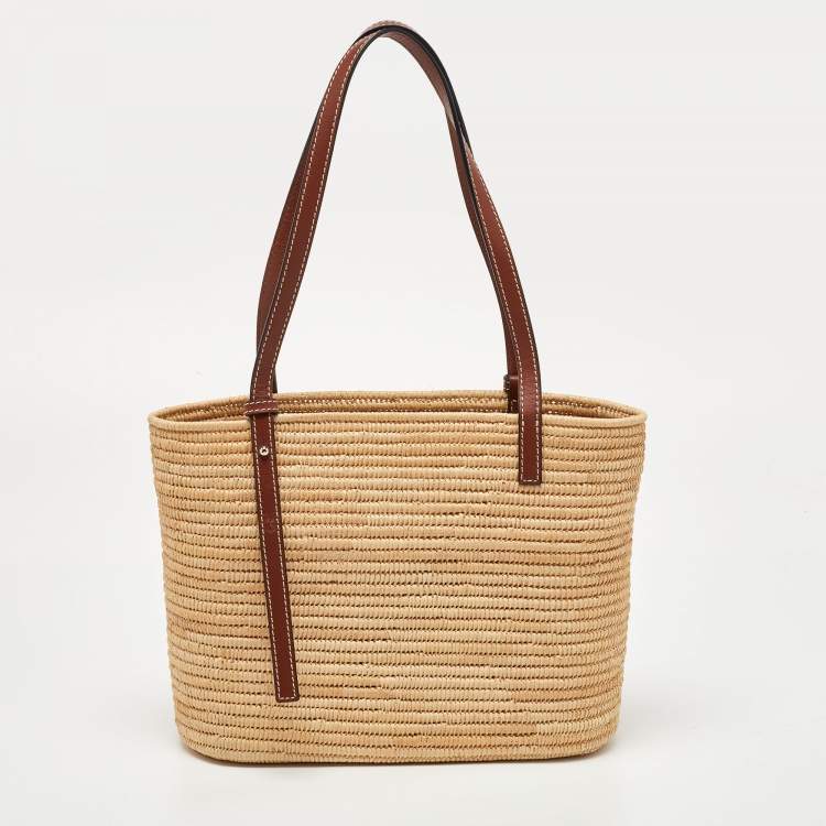 Pre Owned Loewe Beige/Tan Raffia and Leather Small Square Basket Bag