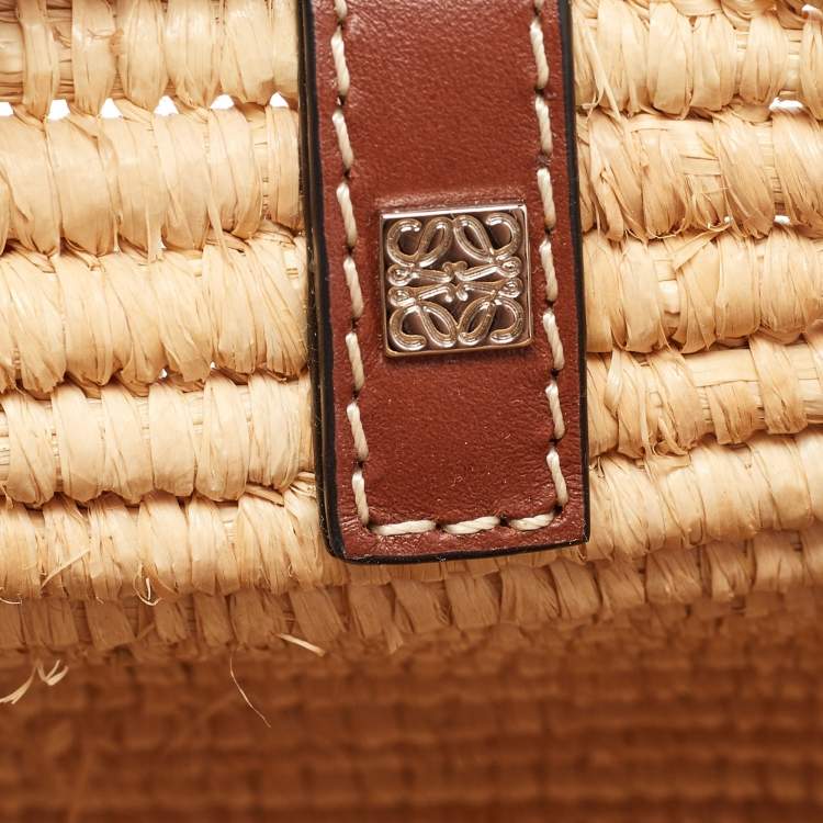 Pre Owned Loewe Beige/Tan Raffia and Leather Small Square Basket Bag