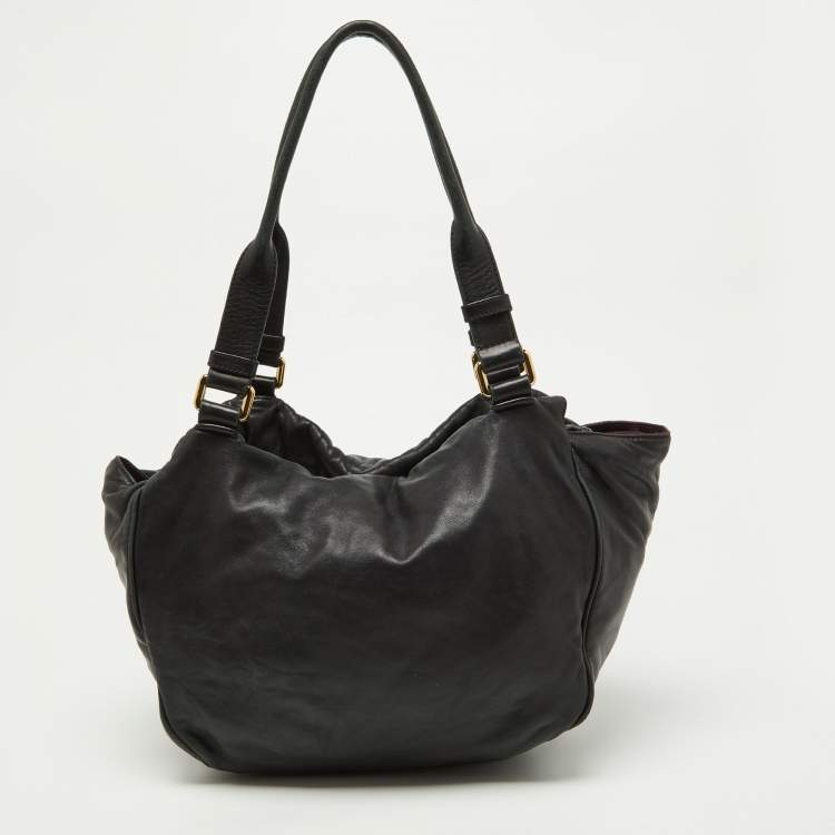 Pre Owned Loewe Black Leather Drawstring Hobo