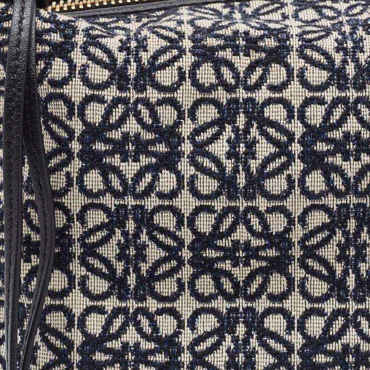 Pre Owned Loewe Beige/Blue Jacquard Canvas and Leather Small Cubi Anagram Shoulder Bag