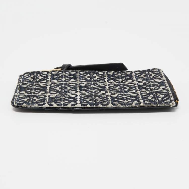 Pre Owned Loewe Navy Blue/Black Jacquard and Leather Anagram Zip Card Holder
