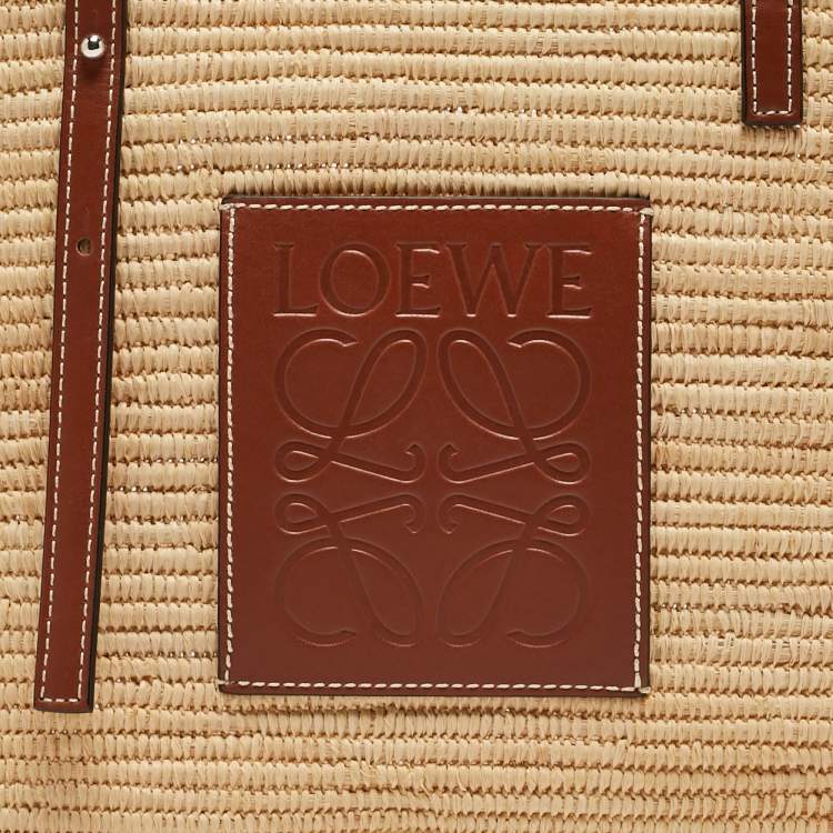 Pre Owned Loewe Natural/Pecan Raffia and Leather Small Square Basket Bag 