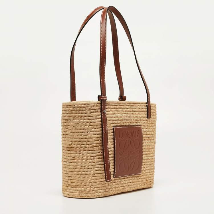 Pre Owned Loewe Natural/Pecan Raffia and Leather Small Square Basket Bag 