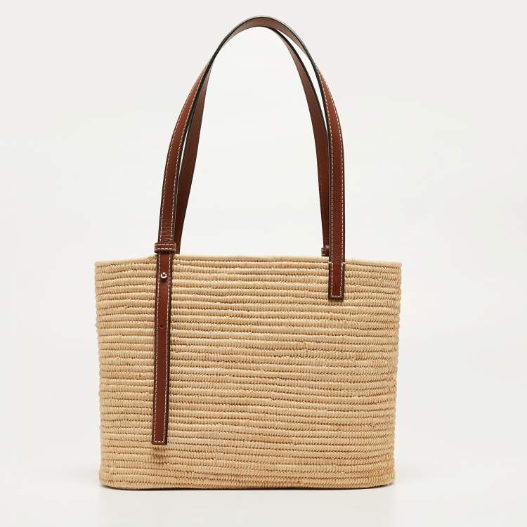 Pre Owned Loewe Natural/Pecan Raffia and Leather Small Square Basket Bag 