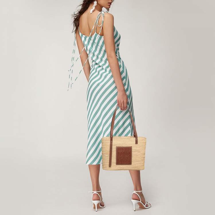 Pre Owned Loewe Natural/Pecan Raffia and Leather Small Square Basket Bag 