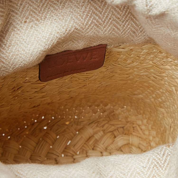 Pre Owned Loewe x Paula Beige/Tan Raffia and Leather Ibiza Bucket Crossbody Bag