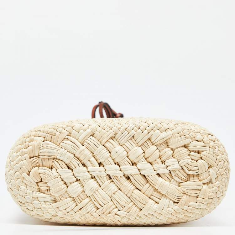 Pre Owned Loewe x Paula Beige/Tan Raffia and Leather Ibiza Bucket Crossbody Bag