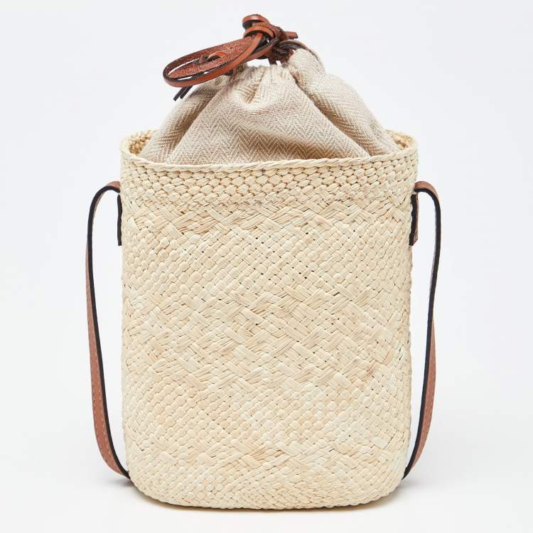 Pre Owned Loewe x Paula Beige/Tan Raffia and Leather Ibiza Bucket Crossbody Bag