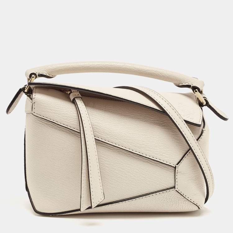 Pre Owned Loewe Cream Leather Mini Puzzle Top  Handle Bag