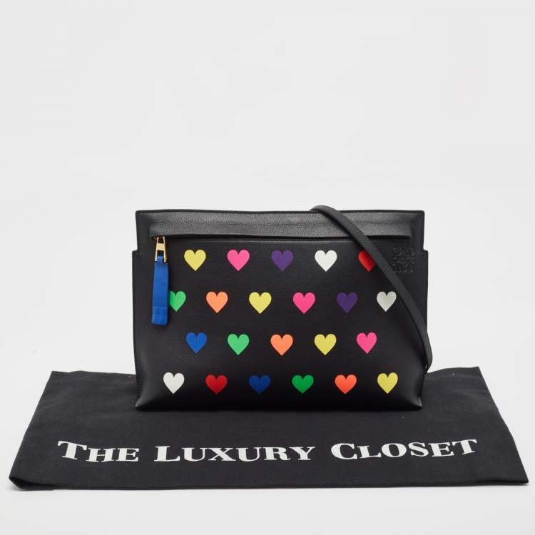 Pre Owned Loewe Black Heart Printed Leather T Slim Pouch