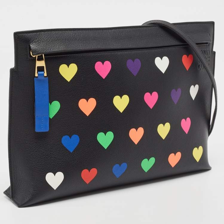 Pre Owned Loewe Black Heart Printed Leather T Slim Pouch