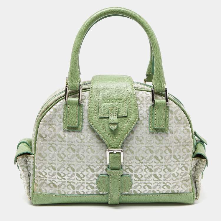 Pre Owned Loewe Green Signature Canvas and Leather Small Bowling Bag