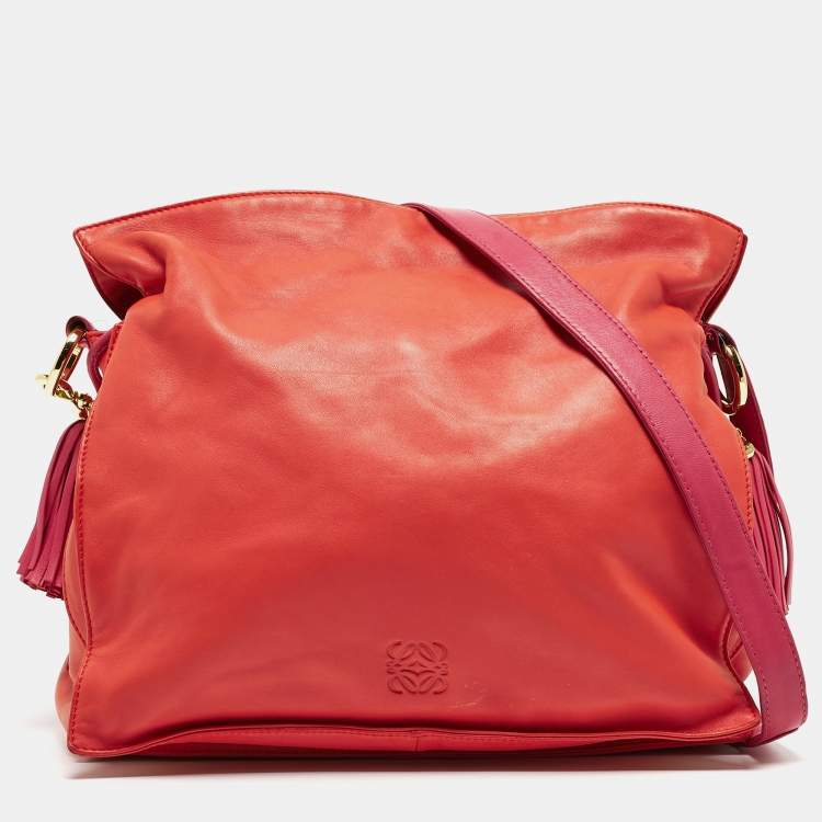 Pre Owned Loewe Coral Red/Magenta Leather Flamenco Shoulder Bag