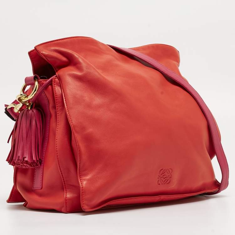 Pre Owned Loewe Coral Red/Magenta Leather Flamenco Shoulder Bag