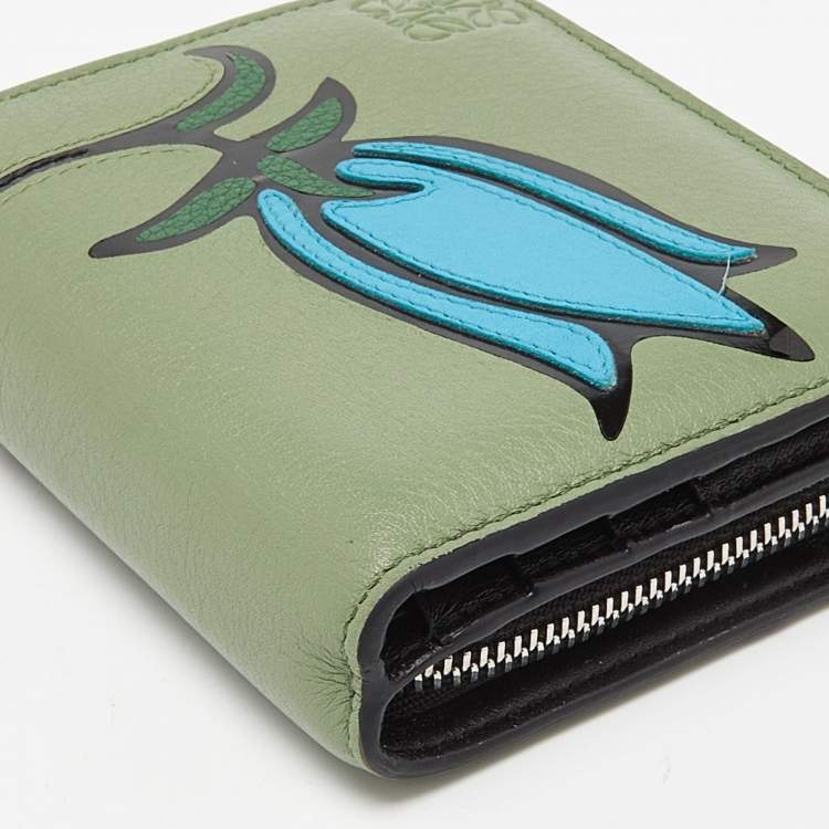 Pre Owned Loewe Green/Blue Leather Zip Compact Wallet