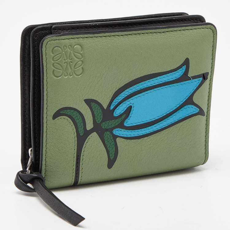 Pre Owned Loewe Green/Blue Leather Zip Compact Wallet