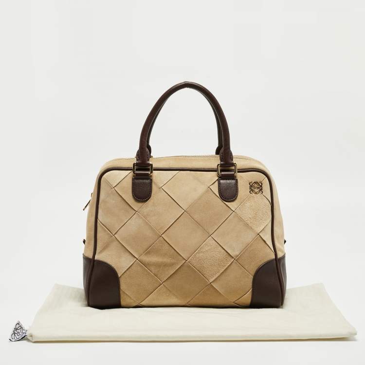 Pre Owned Loewe Brown/Cream Woven Leather and Suede Amazona 36 Bag