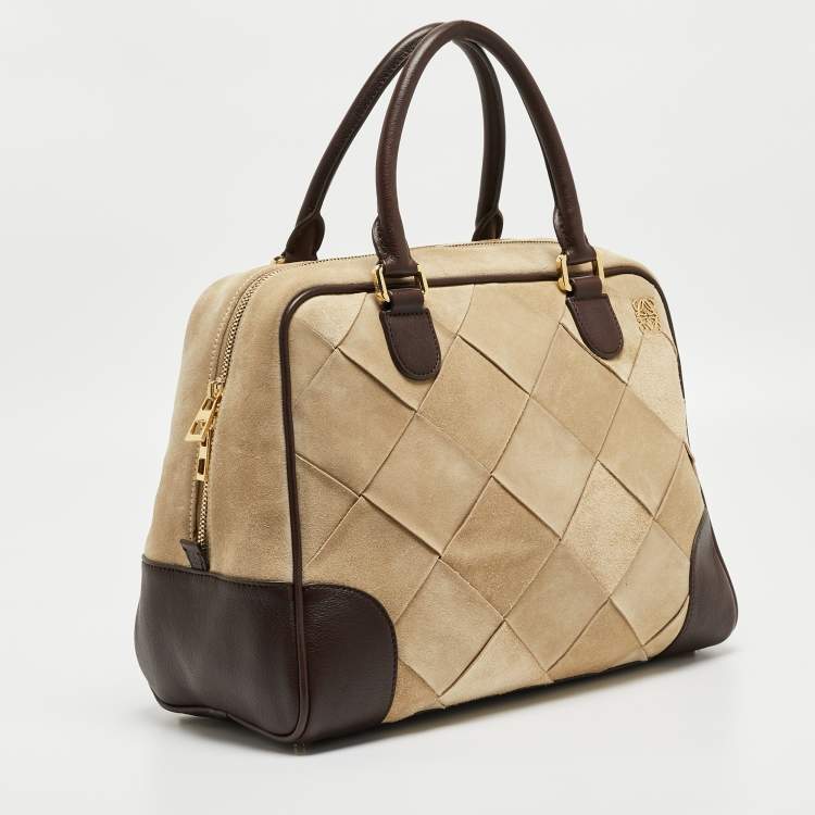 Pre Owned Loewe Brown/Cream Woven Leather and Suede Amazona 36 Bag
