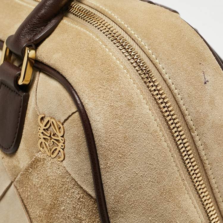 Pre Owned Loewe Brown/Cream Woven Leather and Suede Amazona 36 Bag