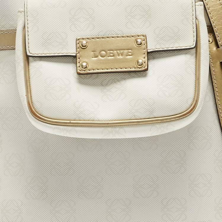 Pre Owned Loewe White/Gold Anagram Coated Canvas and Leather Front Pocket Shoulder Bag