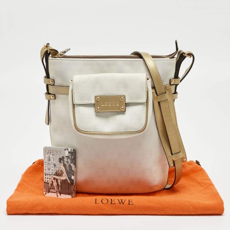 Pre Owned Loewe White/Gold Anagram Coated Canvas and Leather Front Pocket Shoulder Bag