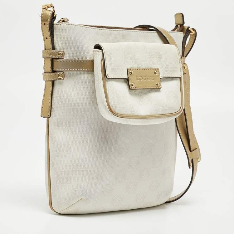 Pre Owned Loewe White/Gold Anagram Coated Canvas and Leather Front Pocket Shoulder Bag