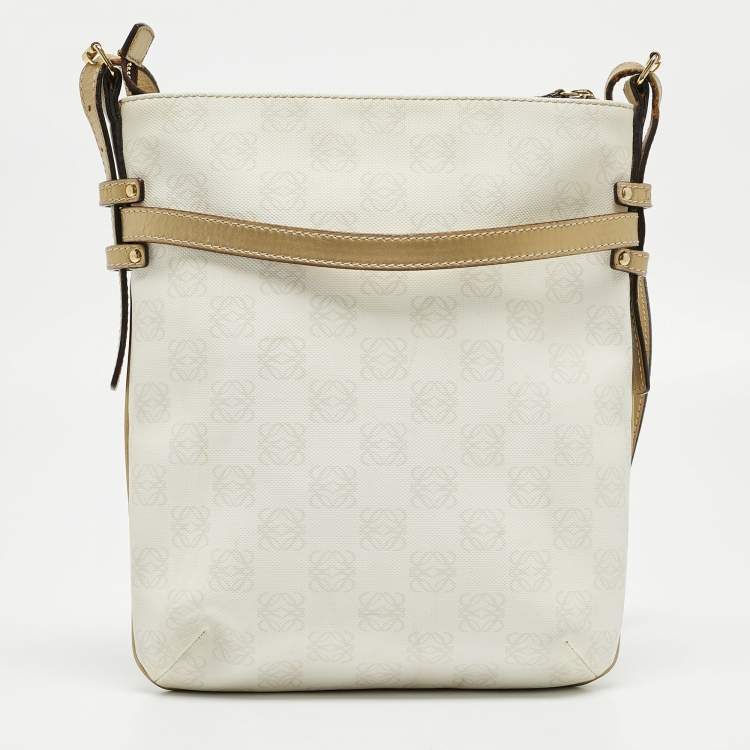 Pre Owned Loewe White/Gold Anagram Coated Canvas and Leather Front Pocket Shoulder Bag