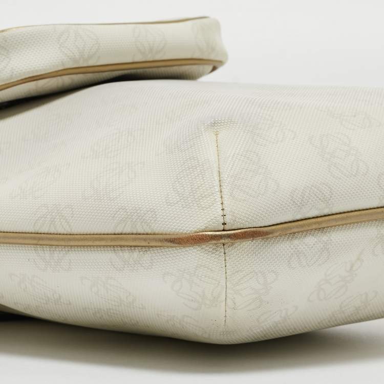 Pre Owned Loewe White/Gold Anagram Coated Canvas and Leather Front Pocket Shoulder Bag