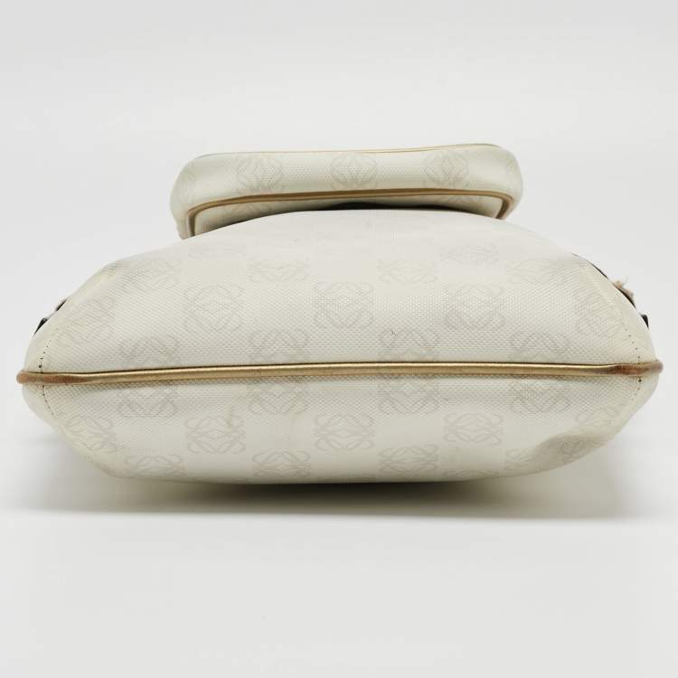 Pre Owned Loewe White/Gold Anagram Coated Canvas and Leather Front Pocket Shoulder Bag
