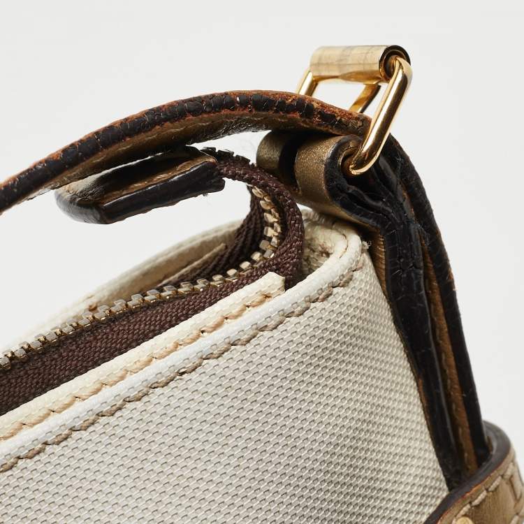 Pre Owned Loewe White/Gold Anagram Coated Canvas and Leather Front Pocket Shoulder Bag